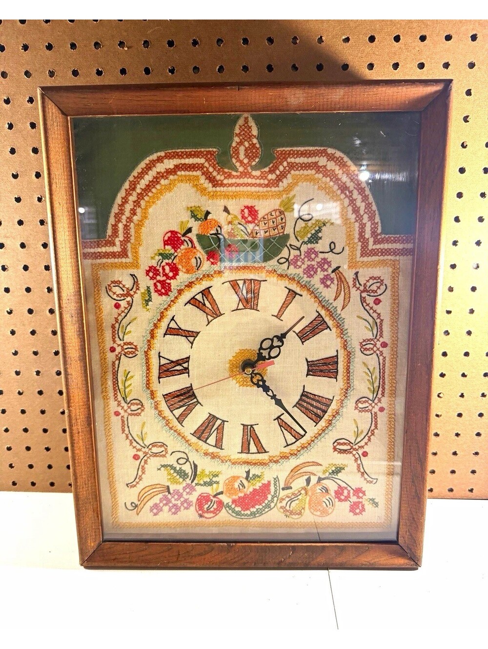 Vintage Framed Needlepoint Crewel Fruit Wall Clock Roman Numerals Wood Frame